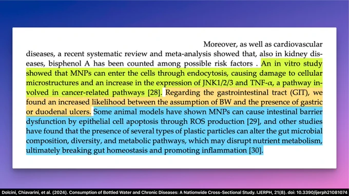 "Moreover, as well as cardiovascular diseases, a recent systematic review and meta-analysis showed that, also in kidney diseases, bisphenol A has been counted among possible risk factors . An in vitro study showed that MNPs can enter the cells through endocytosis, causing damage to cellular microstructures and an increase in the expression of JNK1/2/3 and TNF-a, a pathway involved in cancer-related pathways [28]. Regarding the gastrointestinal tract (GIT), we found an increased likelihood between the assumption of BW and the presence of gastric or duodenal ulcers. Some animal models have shown MNPs can cause intestinal barrier dysfunction by epithelial cell apoptosis through ROS production [29], and other studies have found that the presence of several types of plastic particles can alter the gut microbial composition, diversity, and metabolic pathways, which may disrupt nutrient metabolism, ultimately breaking gut homeostasis and promoting inflammation [30]."