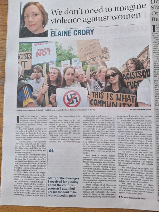 Image of Elaine Crory’s article in today’s Irish News titled ‘We don’t need to imagine violence against women’. Apologies there aren’t enough characters here to share the content but it can be accessed via the Irish news website etc