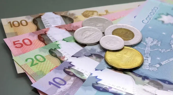 A picture of different Canadian dollar bills and change