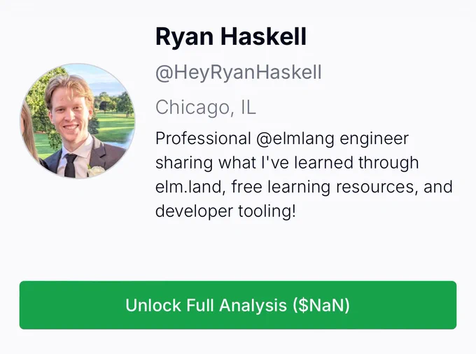 Screenshot of the AI app that roasted me about Elm, showing "$NaN" as the cost of the Full Analysis