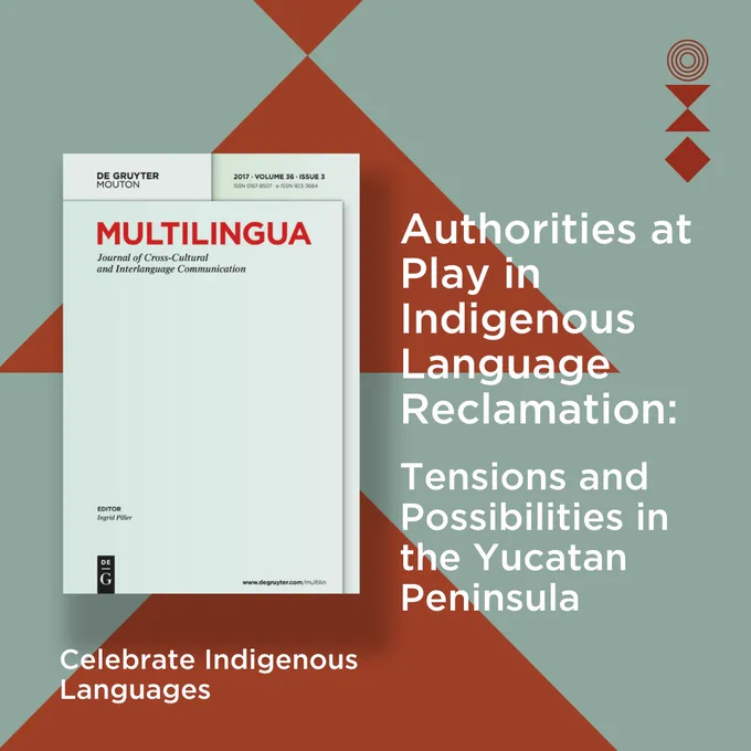 Journal cover titled “Multilingua. Journal of Cross-Cultural and Interlanguage Communication” edited by Eva Codó and Jürgen Jaspers. The cover is shown against a pastel green background with rust brown geometric shapes. To the right of the journal cover is the title of the article featured in the Indigenous Languages Collection by De Gruyter Mouton: “Authorities at play in Indigenous language reclamation: tensions and possibilities in the Yucatan Peninsula” by Aldo Anzures and Frances Kvietok. Below the cover, there is smaller text that reads “Celebrate Indigenous Languages”.