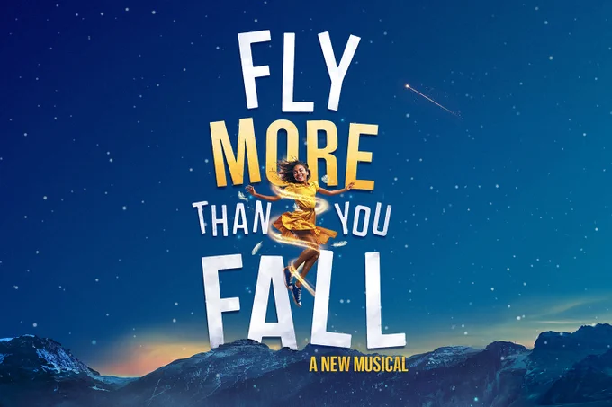 A photo showing the words Fly More Than You Fall against a blue night's sky over mountains 