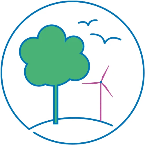 Illustration of a tree, wind turbine and two birds