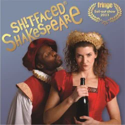 Two Shakespearian characters with a bottle of wine
