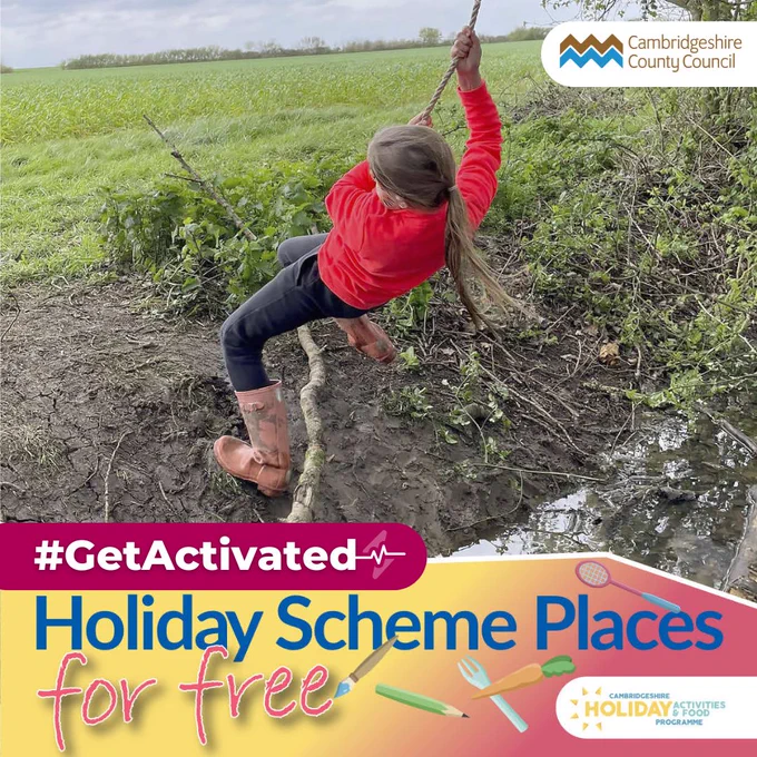 Image shows a girl swinging on a rope swing. Text reads '#GetActivated. Holiday scheme places for free'.