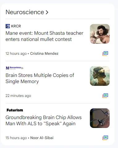 A screenshot of a Google News panel headed 'Neuroscience.' It contains 3 headlines:  "Groundbreaking Brain Chip Allows Man With ALS to 'Speak' Again,"  "Brain Stores Multiple Copies of Single Memory, " and "Mane Event: Mount Shasta teacher enters national mullet contest."