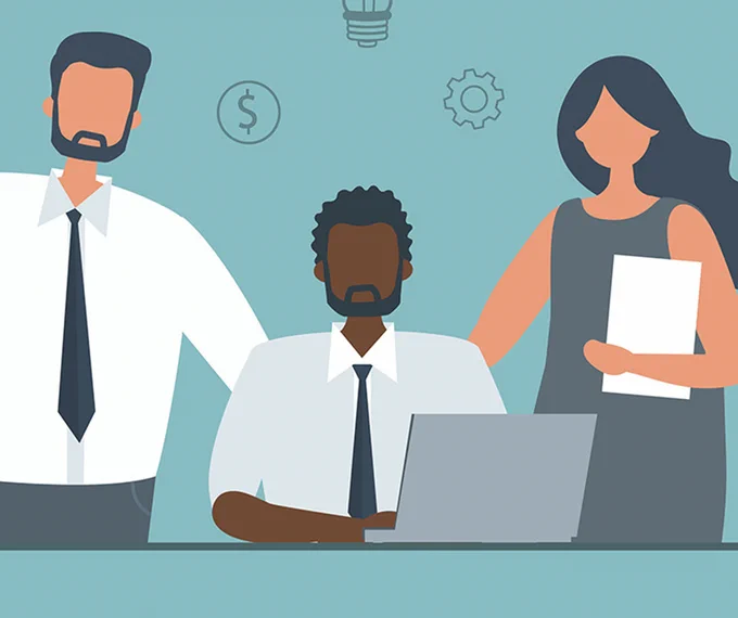 Artwork of three people. A man and woman are standing, and another man is sitting and using a laptop.