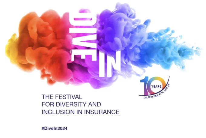 A colourful mist of smoke that says 'Dive In'. Text displays: The festival for diversity and inclusion in insurance. #DiveIn2024