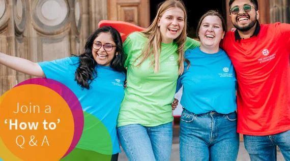 Photo shows four Welcome Week Helpers at University of Edinburgh with smiles