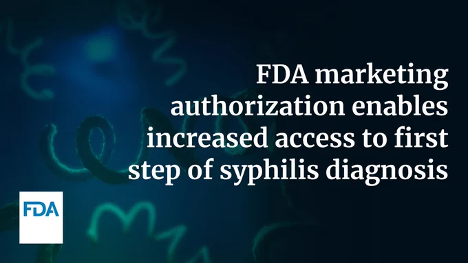 Graphic illustration of spiraled bacteria with text stating 'FDA marketing authorization enables increased access to first step of syphilis diagnosis' alongside the FDA logo.