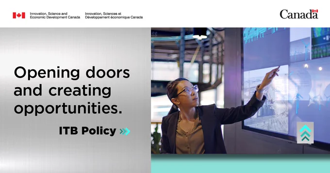 Businesswoman pointing to a large screen displaying green technologies. Text: Opening doors and creating opportunities. ITB Policy. 