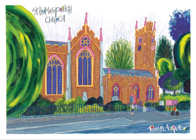 A brightly coloured painting of St Thomas  Parish Church Exeter by Regina Vaquero.