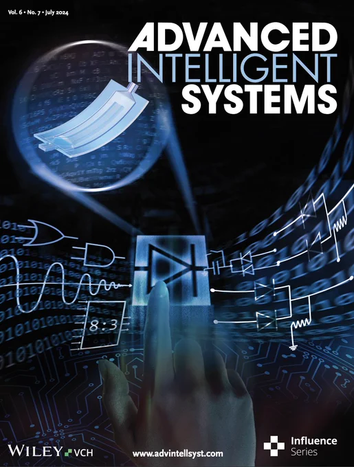 In article number 2300785, Vi T. Vo, Daniel J. Preston, and co-workers introduce a soft fluidic diode made from flexible thermoplastic and textile sheets using a layered fabrication approach. This cover image illustrates the diode as a foundational component in the development of sheet-based fluidic logic systems—as both modular and integrated circuits—to enable electronics-free control of soft devices and robots. Fluidic circuits incorporating the diode provide capabilities including Boolean operations, encoding, and rectification.