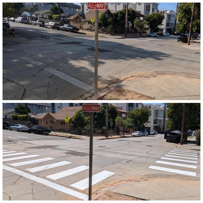 Before and after photos of an intersection: top photo shows the intersection without crosswalks; bottom photo shows the intersection with two painted crosswalks. 