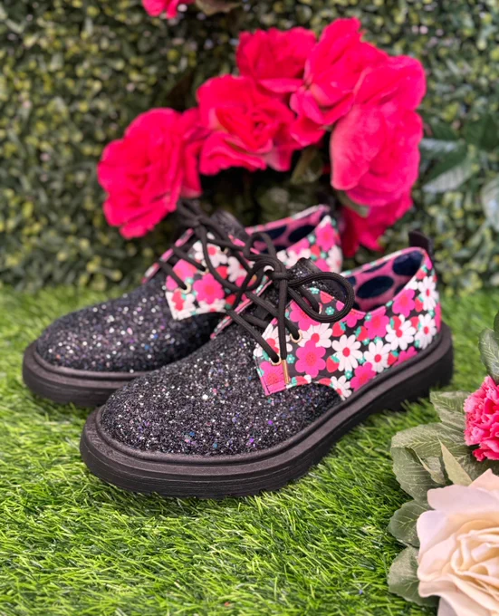 Irregular Choice 'Toasty Loaf' flats. Black glitter with 70s style pink flower print.