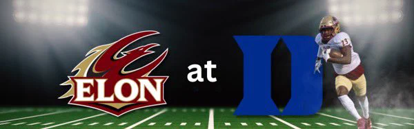 Elon Phoenix logo at Duke Blue Devils logo on top of football field with Elon football player carrying football