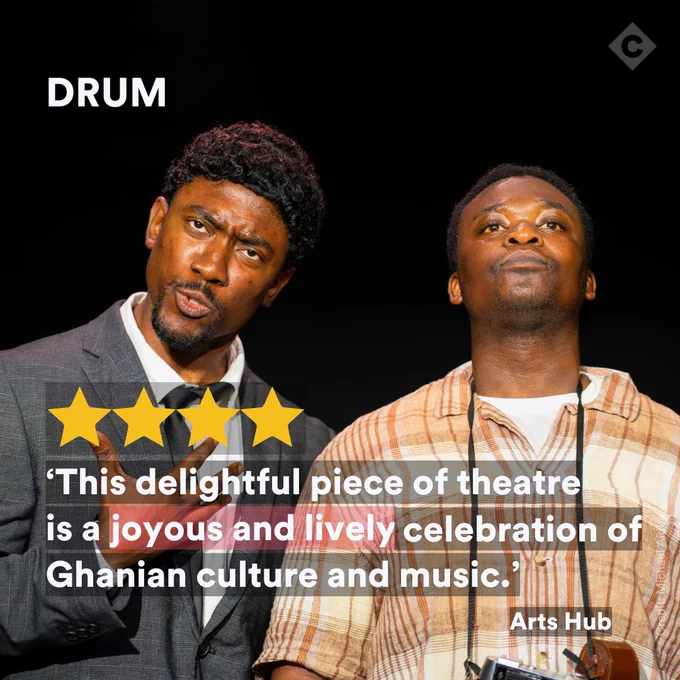 Two men, overlaid with a quote on DRUM from Arts Hub.