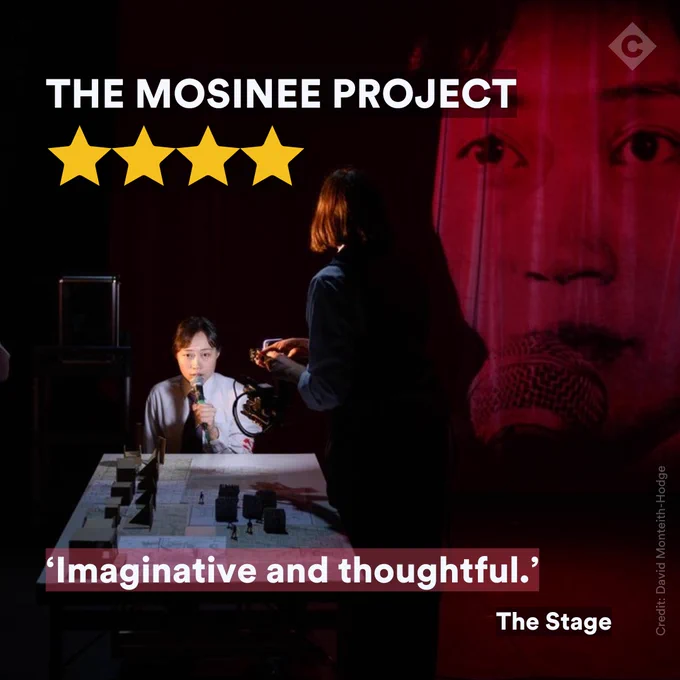 A woman holds a camera projecting at a woman who holds a microphone, overlaid with a quote on The Mosinee Project from The Stage.