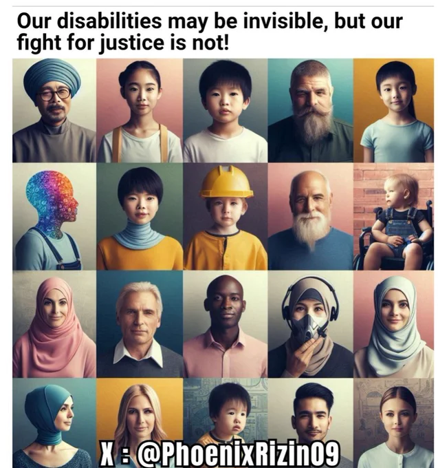 **Alt Text:** Collage featuring diverse individuals united in a powerful stance. Each person represents various backgrounds and abilities, symbolizing the fight for justice and recognition for invisible disabilities. Text overlay reads: "Our disabilities may be invisible, but our fight for justice is not! We stand united, advocating for recognition, fair treatment, and justice for all." #PWD #InjuredWorkers #InvisibleDisabilities #JusticeForAll