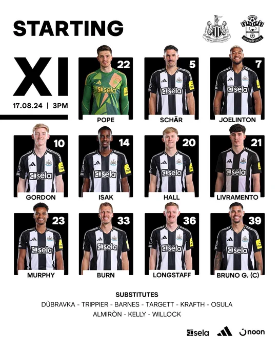 Newcastle United v Southampton: Pope, Schär, Joelinton, Gordon, Isak, Hall, Livramento, Murphy, Burn, Longstaff, Bruno G. (C)