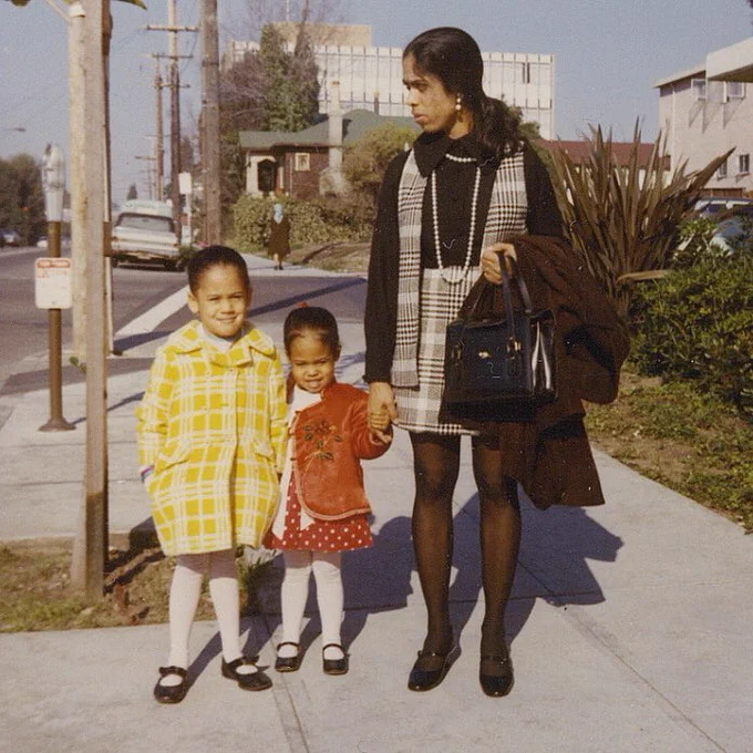 A January 1970 photo of Vice President Harris with her sister, Maya, and their mother, Dr. Shyamala Gopalan Harris.