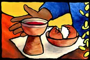 Brightly coloured painting showing hands reaching towards a cup of wine, and a bread roll in a pottery bowl.