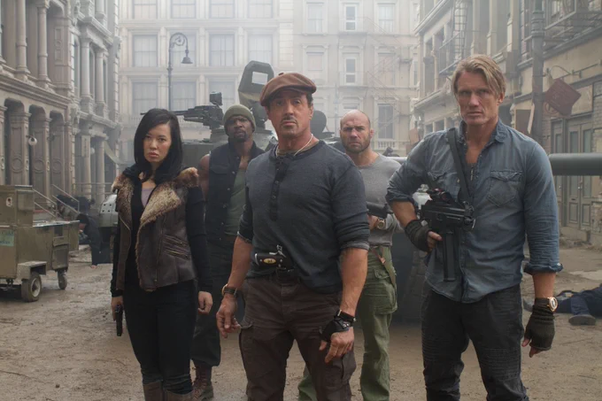 Yu Nan, Terry Crews, Sylvester Stallone, Randy Couture, and Dolph Lundgren in The Expendables 2.