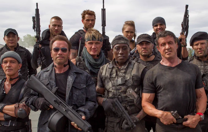 Jet Li, Antonio Banderas, Glen Powell, Arnold Schwarzenegger, Kellan Lutz, Dolph Lundgren, Wesley Snipes, Ronda Rousey, Randy Couture, Victor Ortiz, Sylvester Stallone, and Jason Statham in The Expendables 3.