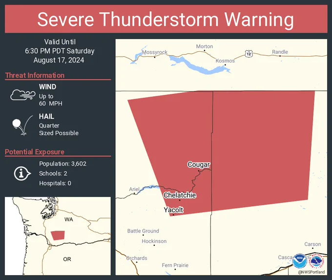 This graphic displays a severe thunderstorm warning plotted on a map. The warning is in effect until 6:30 PM PDT. The warning includes Yacolt WA, Chelatchie WA and Cougar WA.  This warning is for Northeastern Clark County in southwestern Washington, Northwestern Skamania County in southwestern Washington and Northeastern Cowlitz County in southwestern Washington. The threats associated with this warning are wind gusts up to 60 MPH and quarter sized hail. There are 3,602 people in the warning along with 2 schools and 0 hospitals.