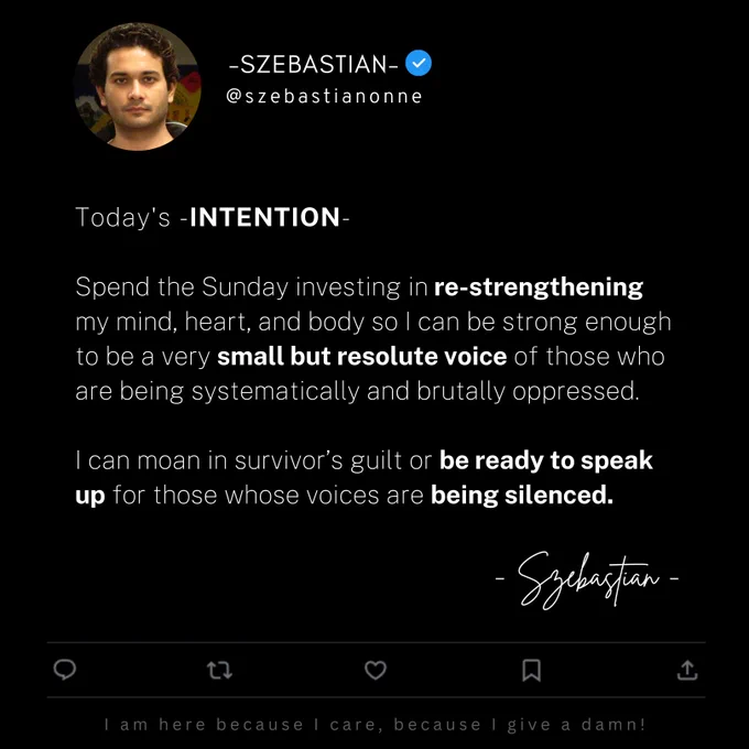 Today's -INTENTION-

Spend the Sunday investing in re-strengthening my mind, heart, and body so I can strong enough to be a very small but resolute voice of those who are being systematically and brutally oppressed.

I can moan in survivor’s guilt or be ready to speak up for those whose voices are being silenced.

#21Decisions #CTCR #HyperIntentional