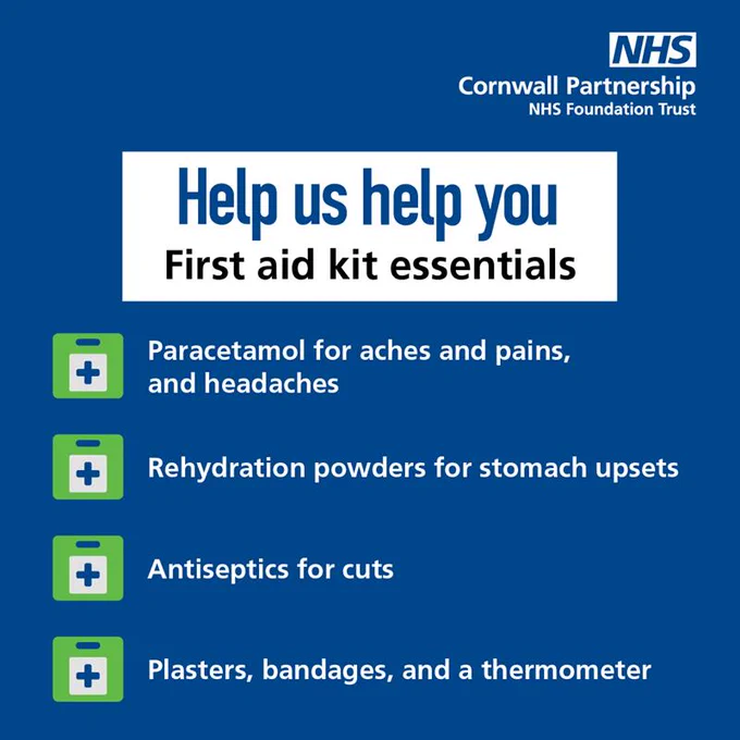 Help us help you first aid kit essentials. Paracetamol for aches and pains and headaches. Rehydration powders for stomach upsets Antiseptic for cuts. Plasters, bandages and a thermometer.