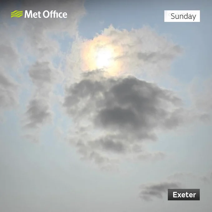 A photo taken on Sunday 18th August 2024 in Exeter, Devon. It shows a pale blue/white sky with a cloud in front of a hazy looking sunshine.