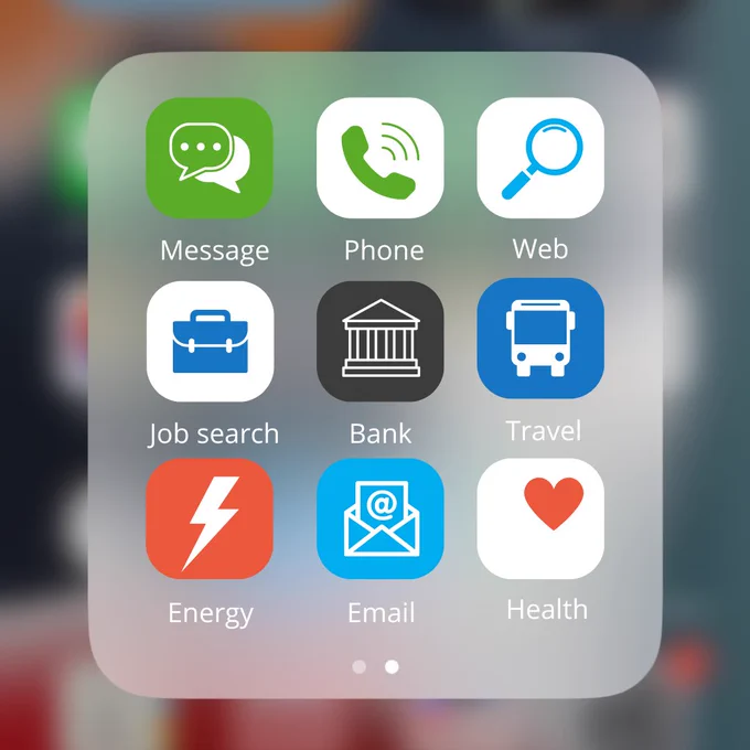 A graphic showing a screenshot from a phone home screen with 9 apps on it. The apps are: Message, Phone, Web, Job search, Bank, Travel, Energy, Email, Health. 