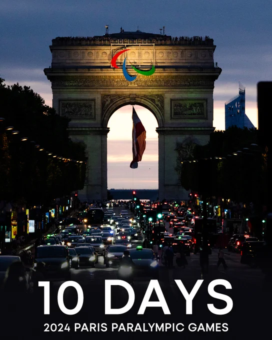 A graphic featuring the Arc de Triomphe at twilight, adorned with the symbol of the Paralympic Games, the Agitos, with the text "10 days 2024 Paris Paralympic Games".