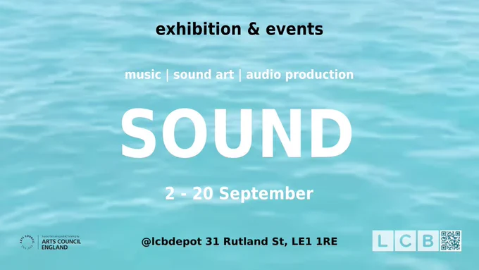 Poster for an exhibition - the word ‘sound’ in big letters overlaid on a watery background.