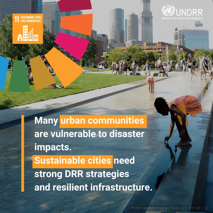 Many urban communities are vulnerable to disaster impacts. Sustainable cities need strong DRR strategies and resilient infrastructure.