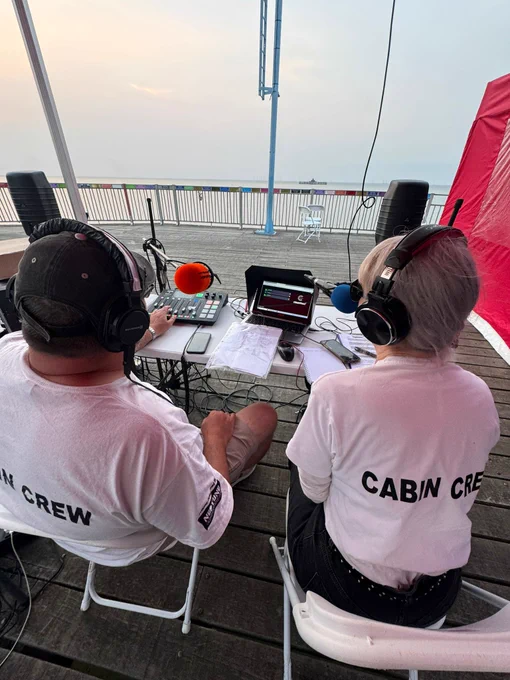 Two CabinFM 'Crew' broadcasting live from the Herne Bay pier with Cleanfeed running on a laptop.