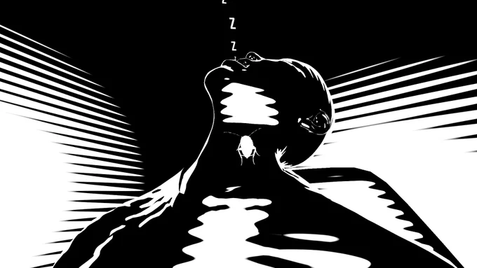 Screenshot from the game INFECT by Leon Denise. The image shows a black and white bald man seen from the side. The man is asleep as indicated by th 3 Zs coming out of their open mouth. A white cockroach is standing still on the exposed black neck of the man.