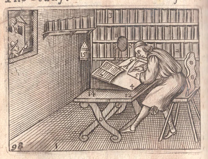 Engraved illustration showing a man hunched over a writing desk taking notes from an open book. 
There is a wall length book shelf behind him and smaller shelf on a wall bracket next to which there is a window where a man can be seen pointing at a building on fire.
Image from Comenius, J.A. (1672) "Orbis sensualium pictus". London : printed by T. R. for S. Mearne, 1672. - BL: 1607/2351