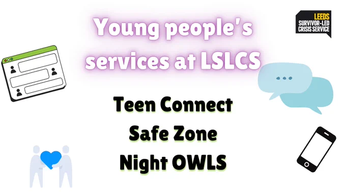 Background images of a webchat, two people holding a blue heart, text message bubbles, and a phone. Text reads: Young people's services at LSLCS, Teen Connect, Safe Zone, Night OWLS