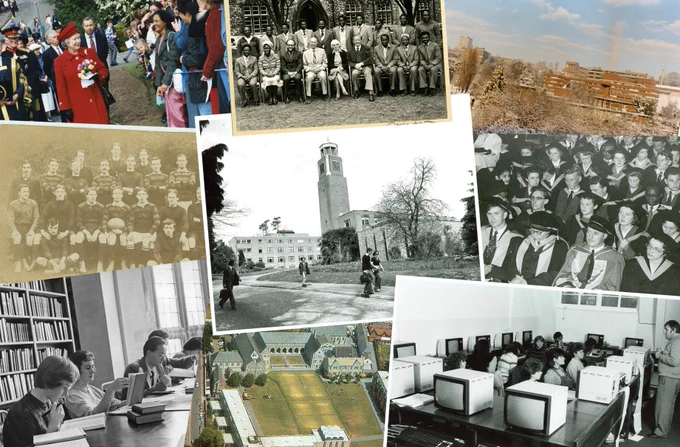 Collage of nine photographs from the University Archive, including photographs of campus views of Streatham Campus and St Luke's Campus, a graduation ceremony, B.ed students from Sokoto at St Luke's College, a rugby team, students studying the library, students in a computer lesson, and a visit from the Queen.