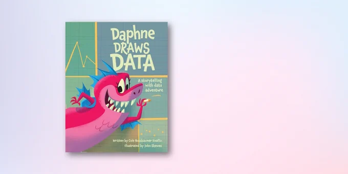 Book cover for Daphne Draws Data: A storytelling with data adventure, a children's book by Cole Nussbaumer Knaflic and illustrated by John Skewes. The cover shows a cute red bright pink dragon with blue wings, holding a crayon.