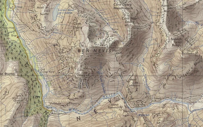 Ordnance survey. Lorn and Lochaber Tourst Map A edition published 1959. Detail showing Ben Nevis.