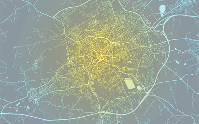Map of Blackburn in various shades of yellow and green. Adapted from Map Graphics via Adobe Stock.
