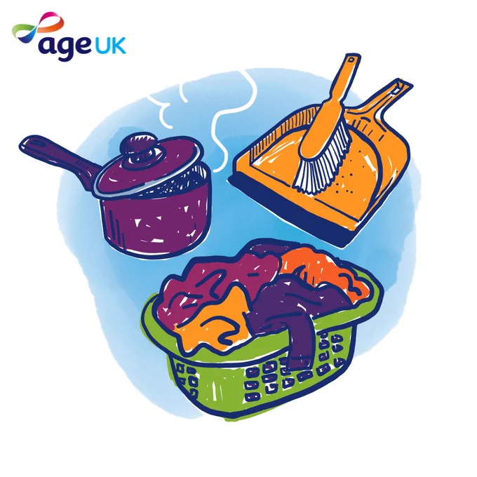 Illustration featuring the Age UK logo with a kitchen scene including a pot on a stove, a dustpan and brush, and a basket of laundry.