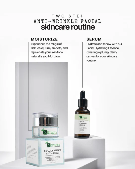 Tired of wrinkles stealing your shine? Our 2-step anti-aging routine is your secret weapon! ✨ First, hydrate and prep your skin with our Facial Hydrating Essence. Then, lock in moisture and defy age with our Defiance Retinol Facial Cream. Together, they work magic to reveal a younger, more radiant you!
