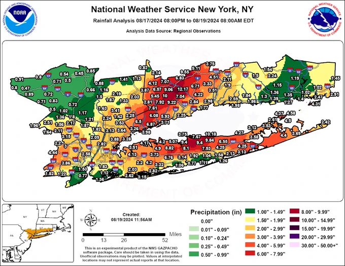Image of forecast area showing rain totals. Highest amount in southwestern CT was 12.17 inches, and the highest amount in northwestern Suffolk was 10.18 inches. 