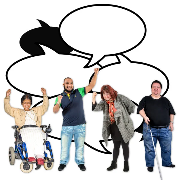 Four diverse individuals, three standing and one in a wheelchair, raising their hands in front of speech bubbles.