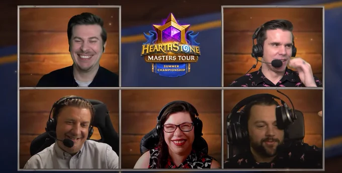 All 5 casters for the event, Raven, Sottle, Lorinda, dragonrider, and TJ during the half-time segment on day 2. TJ is doing something dumb with headphones and the other 4 are laughing at him.