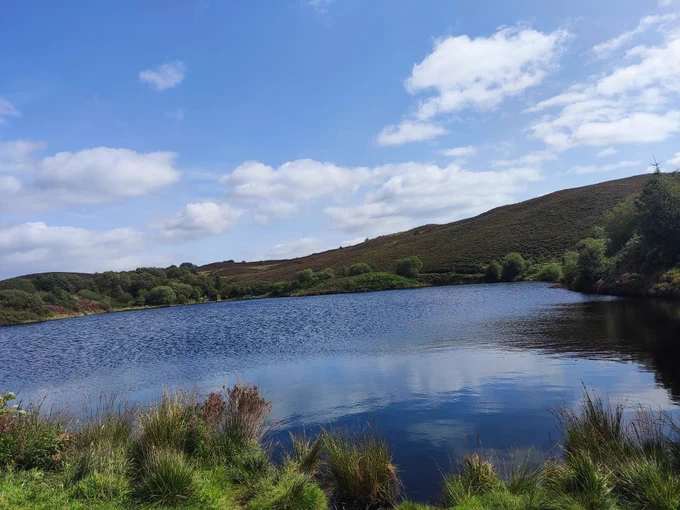 Lake with surrounded blue sky and some clouds reflecting in the water. 